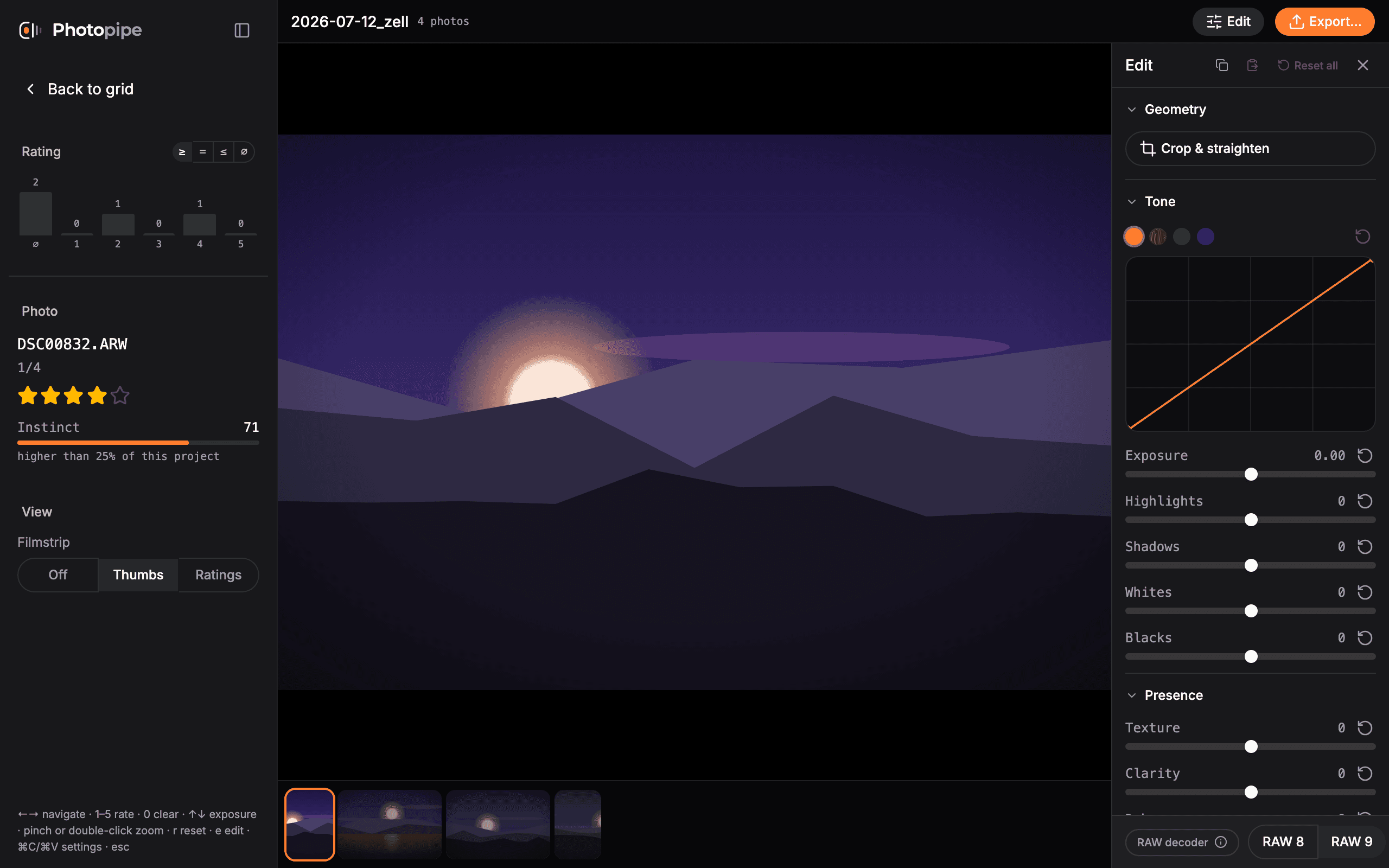 The Photopipe loupe with the edit panel open on a raw file